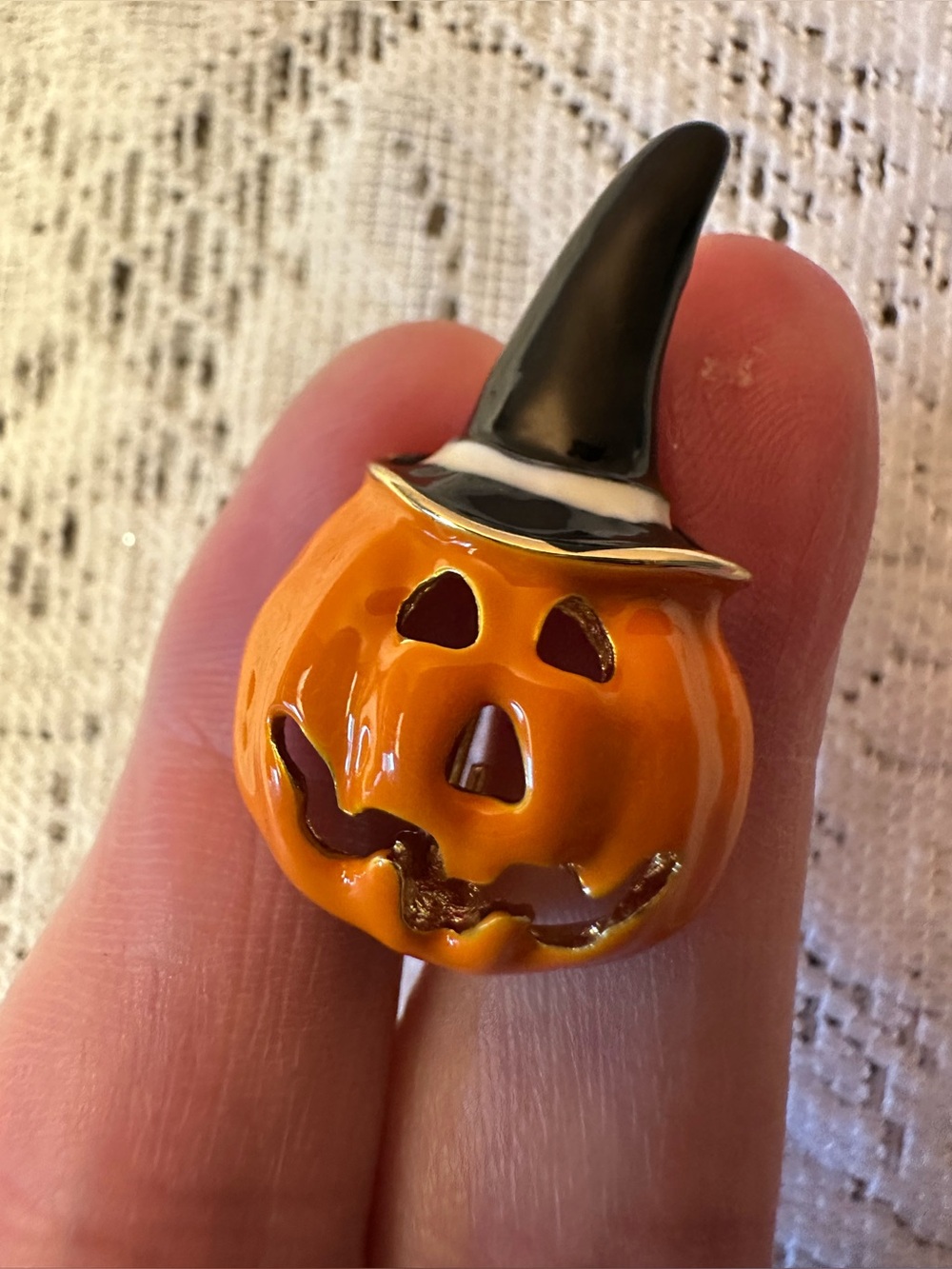 Halloween Pumpkin Pin with Witch Hat - Bright Orange and Black